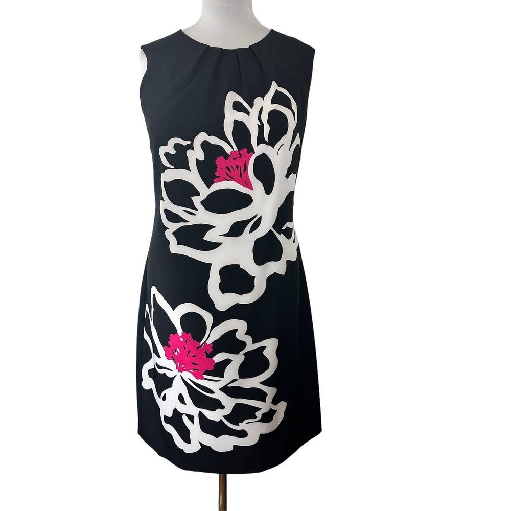 Voir Voir Women's Black Sleeveless Dress Side Zip SZ 10 White Pink Flower Print